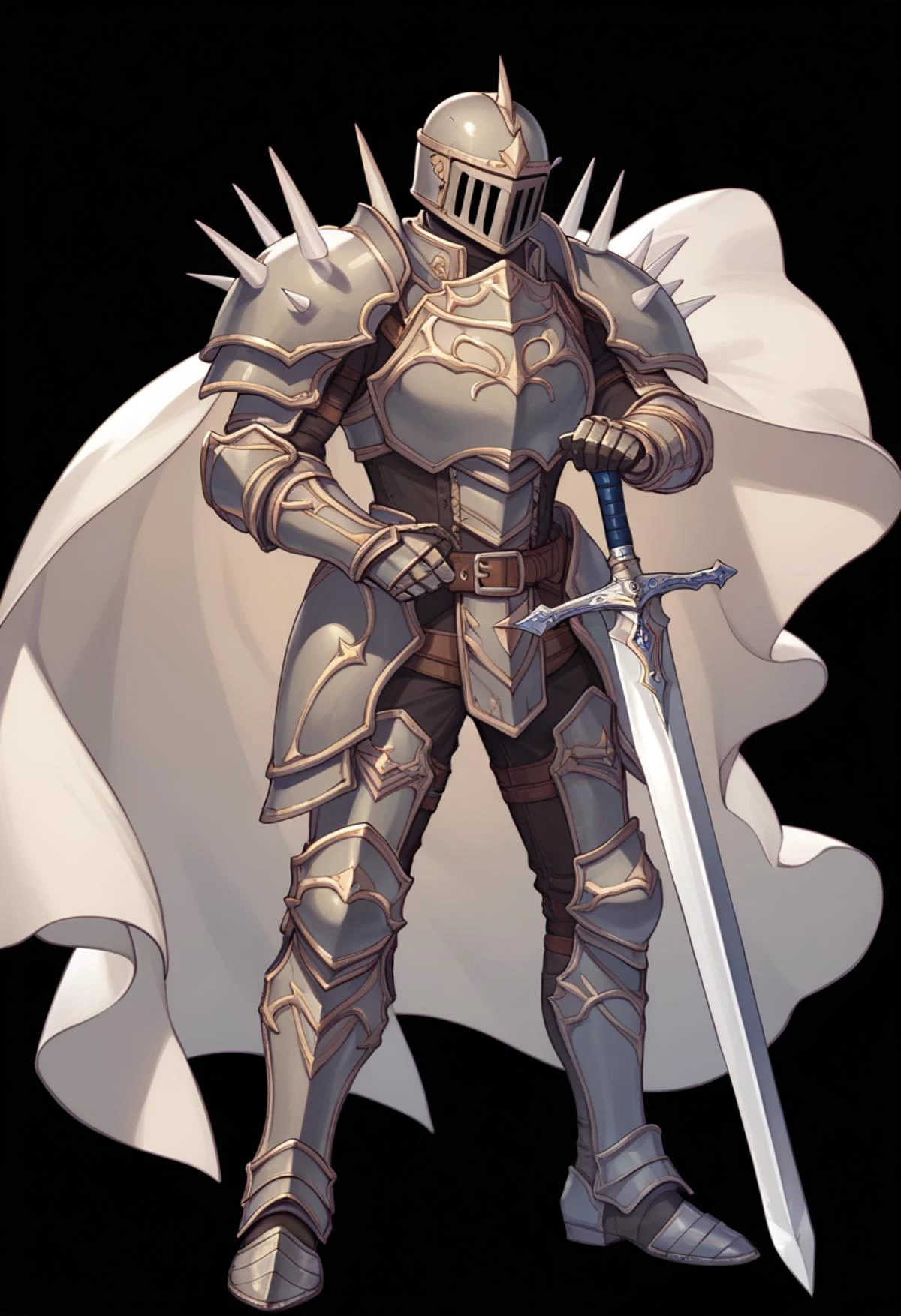 score_9, score_8_up, score_7_up, source_anime BREAK <lora:feh-style-richy-v1_pdxl:1> fehatk, full body, standing, black background, simple background, holding, sword, covered face, 1boy, planted sword, huge weapon, sword, armor, cape, full armor, helmet, holding sword, plume, legionnaire, gauntlets, pauldrons, shoulder spikes,