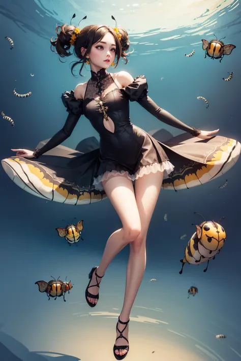 (girl:1.2),(Floating:1.1),(Caterpillars:1.3),Centered,Character Sideways,full body,Daytime,