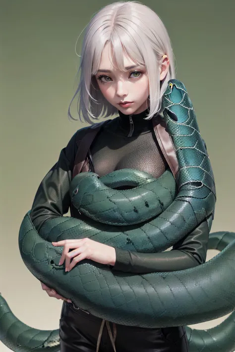 Standing without action,(Green anaconda:1.6),Green anaconda twine girl:1,(twine :1.1),Centered,Leather Coat,Leather Pants,(Solid background:1.2),(Bust:1.1),Silver Hair,Pythons,