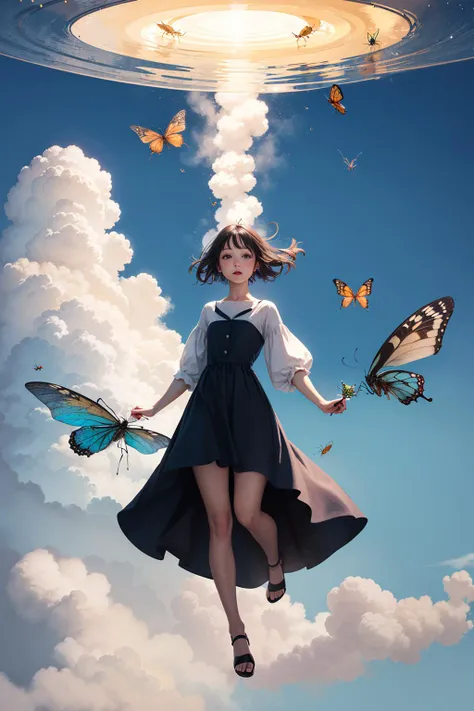 (girl:1.2),(Floating:1.1),(insects:1.1),Centered,Character Sideways,full body,clouds,Daytime,