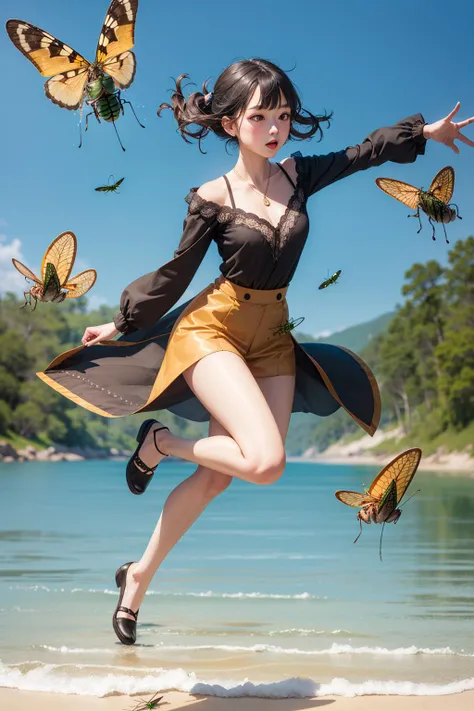 (girl:1.1),Flight,Floating,(Grasshoppers:1.2),Centered,full body,