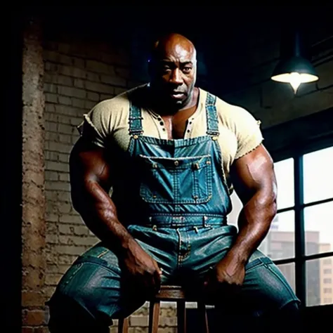 One man, Michael Clarke Duncan, big black tall muscular man, muscular legs, big bulge, shiny sweaty skin, wearing tight denim latex onesie dungaree, shirtless, no shoes, standing full body, prison cell