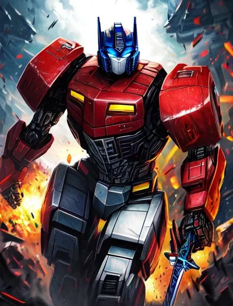 best quality, masterpiece, highres, detailed, digital artwork, <lora:Detail - add_detail:0.2>, OptimusPrime, blue eyes, robot, red body, blue head, glowing eyes, battlefield, holding sword, lasers, <lora:Character - OptimusPrime:0.8>
