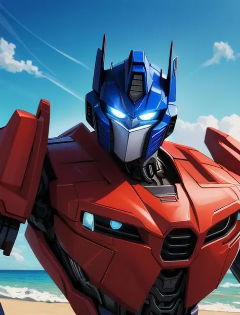 best quality, masterpiece, highres, detailed, digital artwork, <lora:Detail - add_detail:0.2>, OptimusPrime, blue eyes, robot, red body, blue head, glowing eyes, ocean, beach, upper body, <lora:Character - OptimusPrime:0.8>
