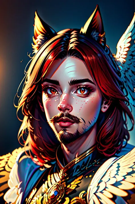 Realism, (masterpiece, best quality, ultra-detailed, highres, best illustration),perfect face, ((solo, solo focus)),sidelighting, lustrous skin,(bloom), (shine), ray tracing,solo,solo,animal ears, 1boy, solo, male focus, facial hair,red eyes , looking at viewer, beard, red hair, mustache, wings, lips,cat ears,depth_of_field,very detailed background,extreme light and shadow,(detailed eyes), (beautiful) beautiful detailed eyes, perfect lighting , perfect anatomy,(extremely detailed illustrated 8k wallpaper),(masterpiece), (best quality), (ultra-detailed), (best illustration),(best shadow) , vivid colors, <lora:Realism:0.7>