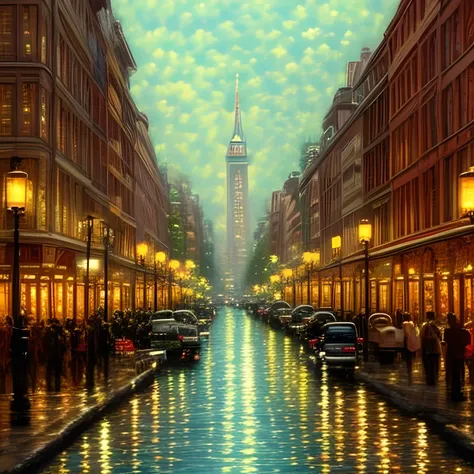 <lora:kinkade:1> oil painting kinkade style, of main avenue in buenos aires,tall buildings, city street,obelisk behind,peoples, water reflection in asphalt,cozy feel, nostalgia, high res, winter, snow ambient, christmas time, littles lights4k,8k <lora:lcm-lora-sdv1-5:1>,blue tone,cars
