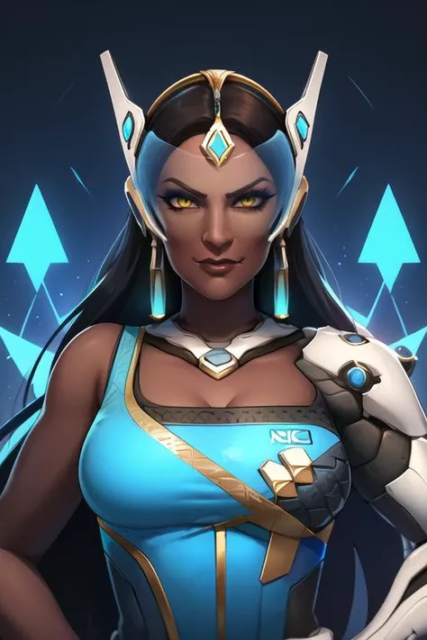 portrait, waist up, symmetra, yellow eyes, visor, looking at viewer, haughty face expression, arrogant smirk, blue dress, hands on hips, one mechanical arm, neo-futuristic white spires, <lora:symmetraOverwatchLORA_v1:0.8>, best quality