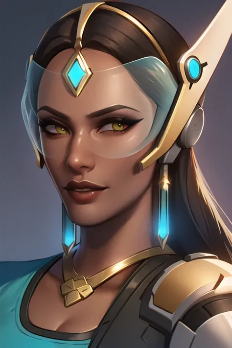 portrait, waist up, symmetra, visor, blue dress, <lora:symmetraOverwatchLORA_v1:0.8>, best quality