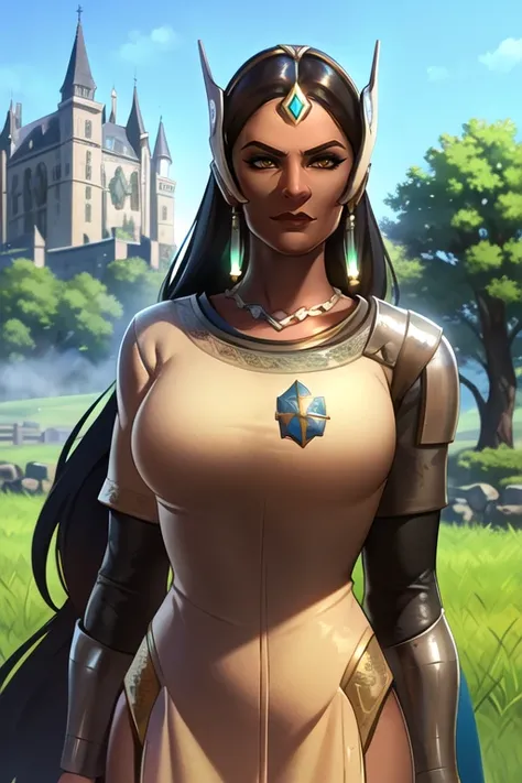 symmetra, (wearing medieval noble gown:1.5), upturned head, arrogant, green grass field, medieval castle in background, road, <lora:symLast:0.7>, best quality