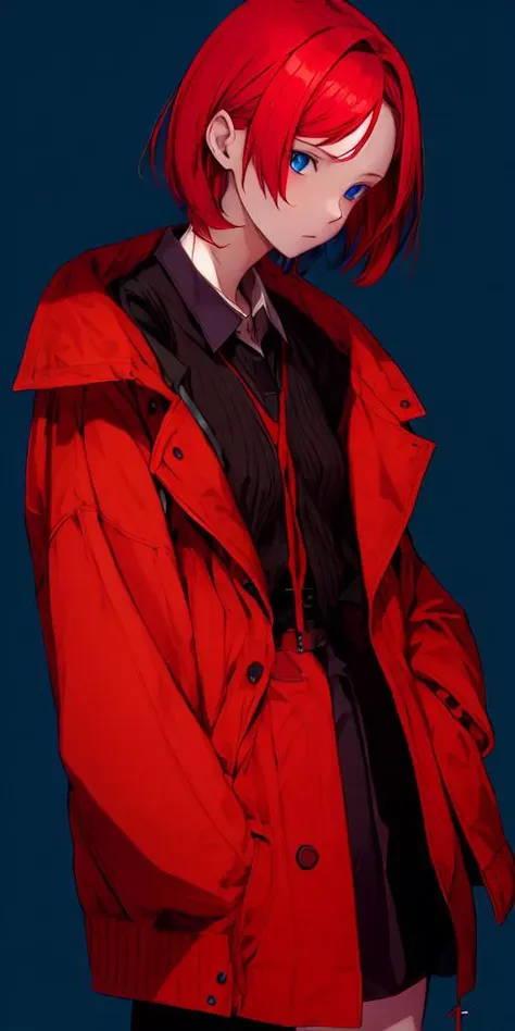Anime girl with red hair and blue eyes in a red jacket - SeaArt AI