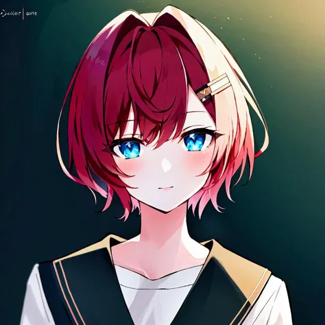 ange katrina,solo,1girl,<lora:ange katrina:0.8>,1girl, virtual youtuber, blue eyes, red hair, blush, ange katrina, looking at viewer, solo focus, yellow shirt, hair ornament, green background, twitter username, short hair, hair between eyes, hair intakes, looking back, bangs, hairclip, out of frame, headpat