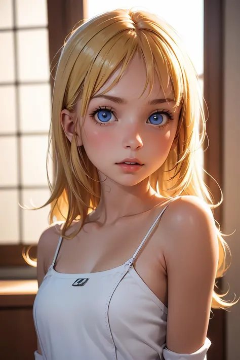 8K HDR photorealistic pic of a ((petite)) 18yo (detailed face) blonde with bangs, hair clip on one side, ((cute face)), (innocent look), in a ((transparent)) t-shirt, ((covered natural detailed breasts)), office setting