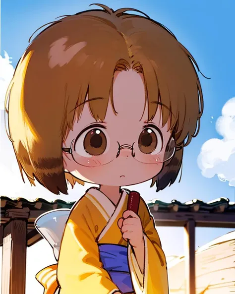 1girl, solo, standing, from below, 
 <lora:nyannyan:0.8>, (nyannyan, multicolored hair, brown eyes, gold hair, short hair. child, japanese clothes, kimono, zouri), 
 <lora:IchigoMashimaro4in1:0.8>, (immatsuri), brown eyes,  glasses,