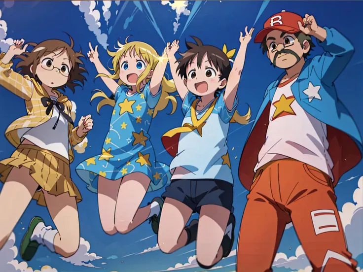 masterpiece, best quality, high quality,
ADDCOMM 4person,
<lora:IchigoMashimaro4in1:0.8>,
<lora:kirara_jump1:0.8>, (kirara_jump),
ADDBASE 4person
(shoes, socks, skirt, brown eyes, short hair, glasses, immatsuri:1.4), jumping,
ADDCOL 4person
(blonde hair, long hair, dress, imana:1.4), jumping, (blue eyes),
ADDCOL 4person
(brown eyes, black hair, short hair, imchika:1.4), shorts, short sleeves, jumping,
ADDCOL 4person
<lora:sidney_manson_v1.0:0.6>, (1boy, sidney_manson, baseball cap, plump, fat man, mustache, black eyes, glasses:1.4),
(ash ketchum, aqua jacket, red headwear, checkered jacket, pants, pink shirt:1.0),