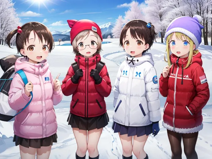 <lora:IchigoMashimaro4in1:1>4girls, immatsuri | immiu | imchika | imana (ski resort, skiwear, winter, snow)