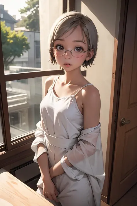 a blond、a short bob、Golden Eyes、eye glasses、Teenage daughter、Delicate body、flat chest、Thin pubic hair、Beautiful open legs