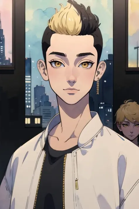 (best quality:1.1), (masterpiece:1.4), illustration, , , , (watercolor illustration, soft pastel colors:1.1), realistic, 1boy, solo, male focus, <lora:shuuji_hanma:0.82>, shuuji_hanma, black hair, yellow eyes, two-tone hair, short hair, undercut, , disco costume, The City of Mirrors,