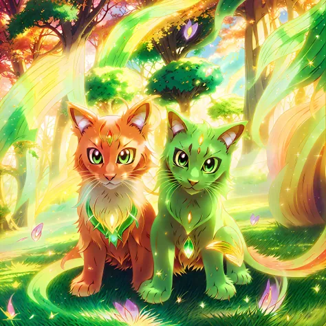 anime artwork ethereal fantasy concept art of Pokémon style two green cats <lora:Wakaba-Subaru:1> <lora:pokemon_v3_offset:1> . vibrant, cute, anime, fantasy, reminiscent of Pokémon series . magnificent, celestial, ethereal, painterly, epic, majestic, magical, fantasy art, cover art, dreamy . anime style, key visual, vibrant, studio anime, highly detailed