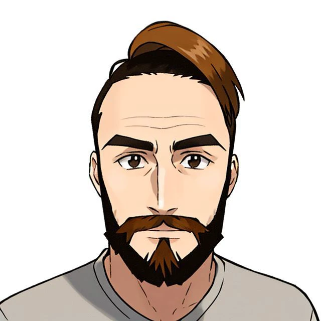 sugimori ken \(style\) poster of man, brown combo over hair, grey v-neck shirt, beard, ((masterpiece)), highly detailed, intricate, plain background, <lora:pokemon_v3_offset:1>