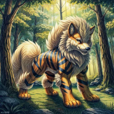 (((Arcanine, Pokmon, Animal,))), solo, single, Tiger, wolf, orange fur, fluffy, <lora:Arcanine - Pokmon:1>
(masterpiece, sidelighting, finely detailed, beautiful), <lora:add_detail:1> <lora:hairdetailer:0.2>
In forest, <lora:pokemon_v3_offset:0.3>
