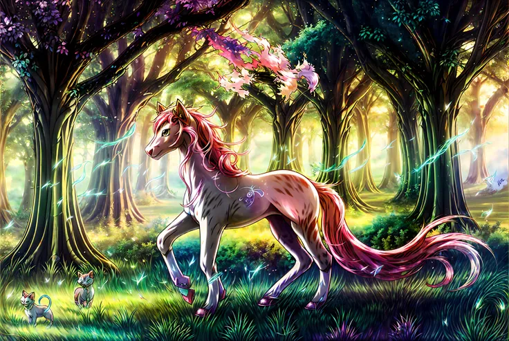 anime artwork Pokémon style (half horse:1.1), (half cat:1.2), magical woods background <lora:add_detail:1>, <lora:pokemon_v3_offset:1>, <lora:Wakaba-Subaru:1> . vibrant, cute, anime, fantasy, reminiscent of Pokémon series . anime style, key visual, vibrant, studio anime, highly detailed