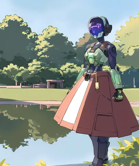 kay/o, robot, standing, (park, pond background), looking at viewer <lora:Kayo:0.8> <lora:more_details:0> sugimori ken \(style\) <lora:pokemon_v3_offset:1>