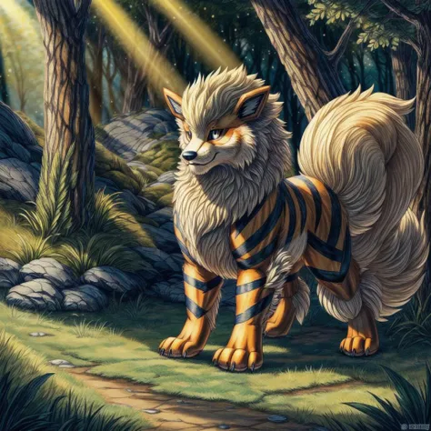 (((Arcanine, Pokmon, Animal,))), solo, single, Tiger, wolf, orange fur, fluffy, <lora:Arcanine - Pokmon:1>
(masterpiece, sidelighting, finely detailed, beautiful), <lora:add_detail:1> <lora:hairdetailer:0.2>
In forest, <lora:pokemon_v3_offset:0.3>