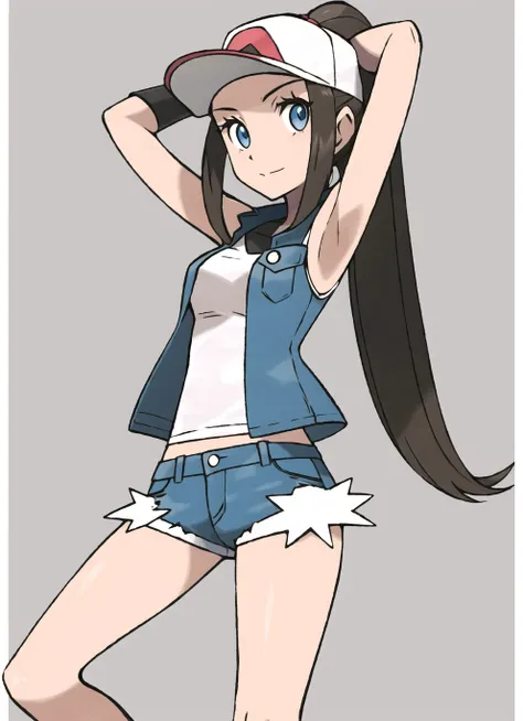 sugimori ken \(style\), 1girl, armpits, arms up, baseball cap, black background, blue eyes, blue shorts, blush, border, brown hair, closed mouth, denim, denim shorts, eyelashes, hat, heart, high ponytail, long hair, open clothes, outline, ponytail, shirt, short shorts, shorts, sidelocks, sitting, sleeveless, sleeveless shirt, solo, vest, white border, white headwear, white shirt, wristband,  ((masterpiece)) <lora:pokemon_v4_mix_outin:1>