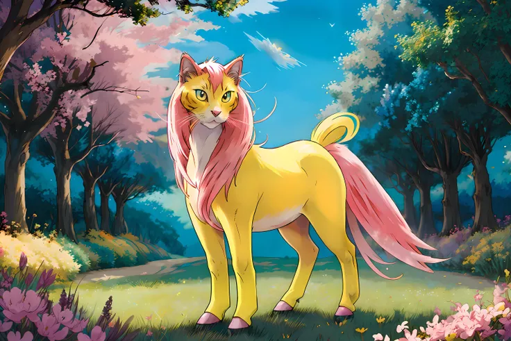 Pokémon style ethereal fantasy concept art of anime artwork Pokémon style, ((pink and yellow color tone:1.3)) (half horse:1.1), (half cat:1.2), magical woods background <lora:add_detail:1>, <lora:pokemon_v3_offset:1>, vibrant, cute, anime, fantasy, reminiscent of Pokémon series . anime style, key visual, vibrant, studio anime, highly detailed, (sharp image:1.1) magnificent, celestial, ethereal, painterly, epic, majestic, magical, fantasy art, cover art, dreamy . vibrant, cute, anime, fantasy, reminiscent of Pokémon series
