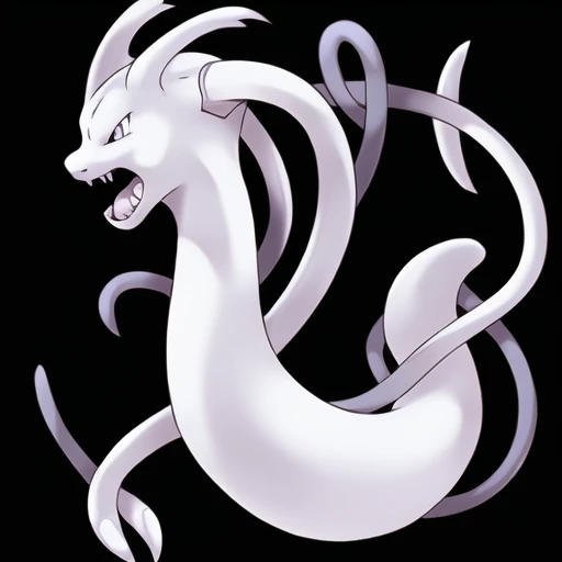 <lora:pokemonLoraWorkIn_160:0.5> sugimori ken \(style\) pokemon \(creature\) mewtwo dragonair, solo, open mouth, simple background, full body, no humans, fangs, claws, black body, white background,