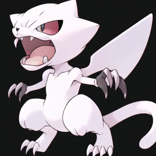 sugimori ken \(style\), pokemon \(creature\), mew, mewtwo solo, open mouth, simple background, full body, wings, teeth, tongue, no humans, fangs, claws, black body, white background, <lora:pokemonLoraWorkIn_160:0.5>