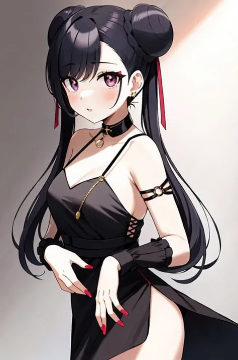 sugimori ken \(style\), alternate costume, artist name, bangs, black dress, blush, cone hair bun, detached collar, detached sleeves, double bun, dress, ear piercing, genshin impact, hair bun, holding, holding hair, jewelry, keqing \(genshin impact\), lips, long hair, looking at viewer, manicure, nail polish, nose, piercing, solo, twintails, <lora:sugimori_ken_style_2:0.6>