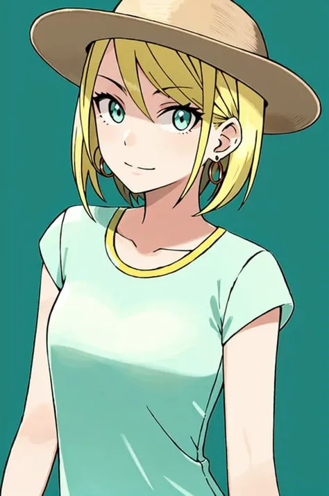 sugimori ken \(style\), masterpiece, best quality, 1girl, aqua eyes, baseball cap, blonde hair, closed mouth, earrings, green background, hat, hoop earrings, jewelry, looking at viewer, shirt, short hair, simple background, solo, upper body, yellow shirt <lora:sugimori_ken_style_2:0.6>