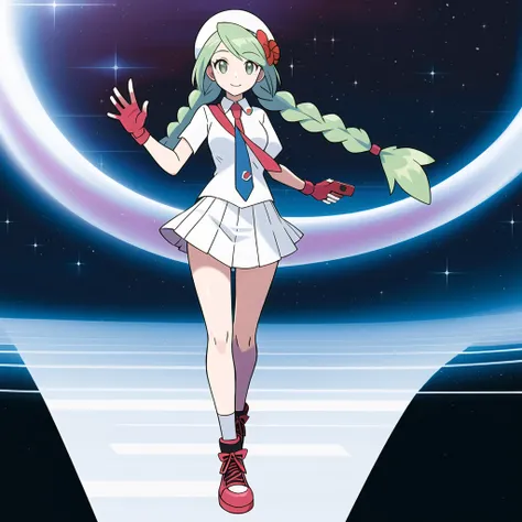 sugimori ken \(style\), 1girl, breasts, green eyes, mint green hair, twin_braids, white shirt, flower necktie, white beret, skirt, creatures \(company\), dynamax band, game freak, gloria (pokemon), glove, highres, legs, looking at viewer, nintendo, official art, pokemon, pokemon \(game\), pokemon swsh, light smile, sugimori ken, take \(illustrator\), thighs, standing beside pokemon \(creature\)