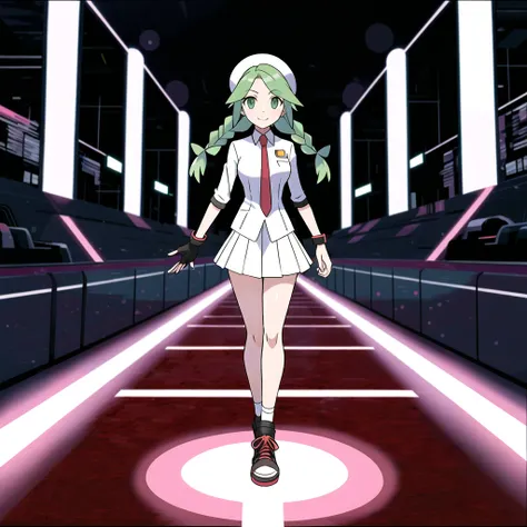 sugimori ken \(style\), 1girl, breasts, green eyes, mint green hair, twin_braids, white shirt, flower necktie, white beret, skirt, creatures \(company\), dynamax band, game freak, gloria (pokemon), glove, highres, legs, looking at viewer, nintendo, official art, pokemon, pokemon \(game\), pokemon swsh, light smile, sugimori ken, take \(illustrator\), thighs