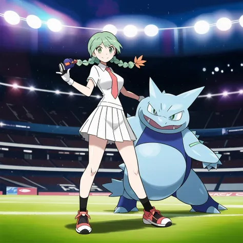 sugimori ken \(style\), 1girl, breasts, green eyes, mint green hair, twin_braids, white shirt, flower necktie, white beret, skirt, creatures \(company\), dynamax band, game freak, gloria (pokemon), glove, highres, legs, looking at viewer, nintendo, official art, pokemon, pokemon \(game\), pokemon swsh, light smile, sugimori ken, take \(illustrator\), stadium background, (blastoise:1.2), (gengar:1.2), (pokemon \(creature\) :1.2)