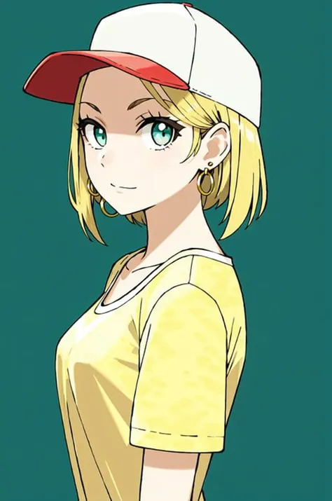 sugimori ken \(style\), masterpiece, best quality, 1girl, aqua eyes, baseball cap, blonde hair, closed mouth, earrings, green background, hat, hoop earrings, jewelry, looking at viewer, shirt, short hair, simple background, solo, upper body, yellow shirt <lora:sugimori_ken_style_2:0.6>