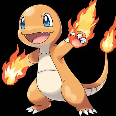 sugimori ken \(style\), charmander, solo, looking at viewer, smile, open mouth, blue eyes, simple background, standing, full body, no humans, pokemon \(creature\), fangs, happy, outstretched arms, fire, black background, claws, legs apart, flame-tipped tail


<lora:sugimori_ken_style_2:0.5>
