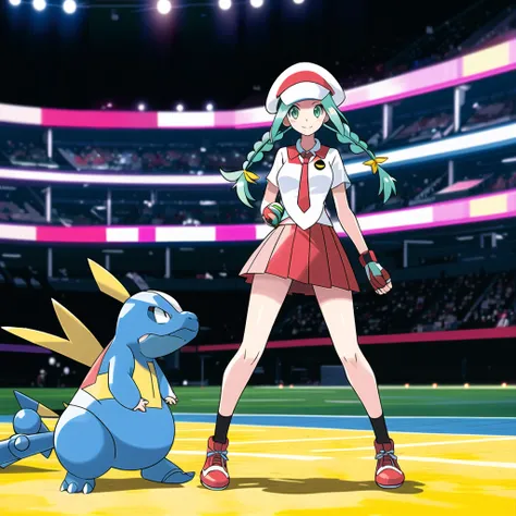 sugimori ken \(style\), 1girl, breasts, green eyes, mint green hair, twin_braids, white shirt, flower necktie, white beret, skirt, creatures \(company\), dynamax band, game freak, gloria (pokemon), glove, highres, legs, looking at viewer, nintendo, official art, pokemon, pokemon \(game\), pokemon swsh, light smile, sugimori ken, take \(illustrator\), stadium background, (blastoise:1.2), (pikachu:1.2), (pokemon \(creature\) :1.2)