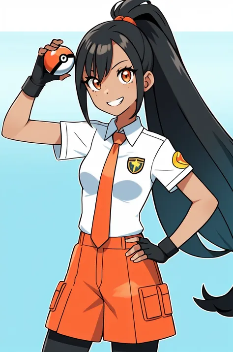 sugimori ken \(style\), 1girl, bag, black hair, breasts, creatures (company), dark-skinned female, dark skin, fingerless gloves, freckles, game freak, gloves, green background, green hair, grin, hand on hip, holding, holding poke ball, long hair, multicolored hair, naranja academy school uniform, necktie, nemona (pokemon), nintendo, orange eyes, orange necktie, orange shorts, pantyhose, poke ball, poke ball (basic), pokemon, pokemon (game), pokemon sv, ponytail, school uniform, shirt, shorts, simple background, single glove, small breasts, smile, solo, streaked hair, sugimori ken, white shirt,
<lora:sugimori_ken_style_2:0.6>