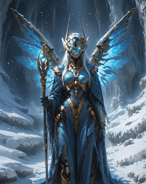 score_9, score_8_up, score_7_up, score_6_up, score_5_up, score_4_up, faceless, an ethereal glow around her in the snow at night, dark fantasy,
a cinematic full body shot of a beautiful mcnm, long hair, blue dress and big glowing blue wings on her back, holding a magical staff, hknature, mecha, no human, robot , gundam, machinery, painting
 <lora:ProtectorsOfNaturePony:0.8>
<lora:Mechanism-pdxl-1:0.9>, zPDXL2, fixl-art