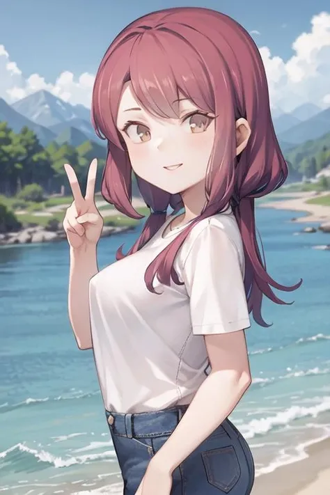 <lora:Jingai-Modoki-UMCEKO-V1-000030:1>, jingai modoki, peace sign, jeans, medium breasts, white shirt, solo, upper body, mountains, rivers,