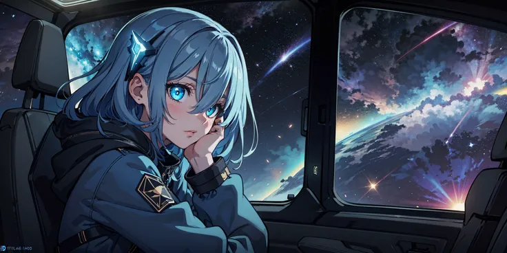 (masterpiece, best quality, highly detailed,dark, dark lighting:1.1) natural lighting, highres, girl, calm, tilted head, (hair covering face:1.2), detailed face, dark, detailed hair, [<lora:more_details:0.55>::15], strapped in seat, looking out of window, interior of spaceship, (hand on face covering eye:1.1), window with galaxy, pulsar, nebula,melancholy,from side, bioluminescent details, leaning on hand,