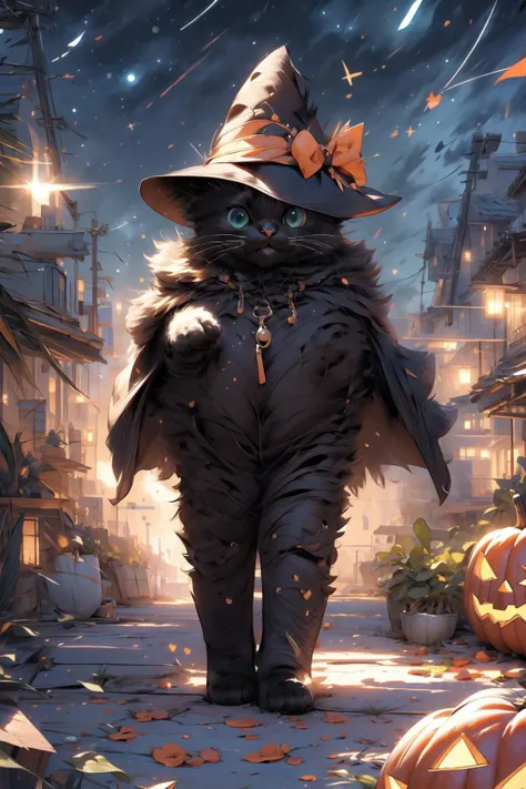 <lora:cat_20230627113759:0.8> , <lora:lsp:0.7>,
BREAK(halloween, (halloween costume):1.1, cape , halloween hat, magic),
BREAK((solo, 1cat, cute, adorable, black cat, no humans,), (full body:1.3), aqua eyes, soft light, perfect lighting, walking posture),
BREAK(<lora:cozy animation scenes_20230824111332:0.60>, (cozy, scenery, night sky, starry sky, outdoors, (detailed town))),
BREAK((RAW photo, best quality), (realistic, photo-realistic:2.0), extremely detailed, CG, 8k Amazing, finely detail, (masterpiece:2.0, best quality), (real picture, intricate details, depth of field)), <lora:more_details:0.5>,