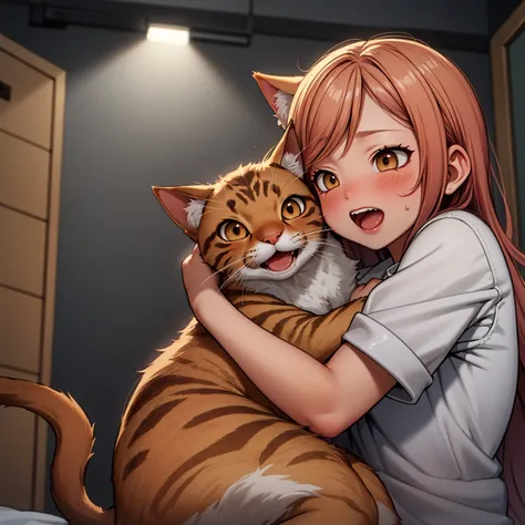 (masterpiece, best quality, high resolution, dark dynamic lighting:1.1), orange Tabby cat, blushing, hugging cat, cat screaming,