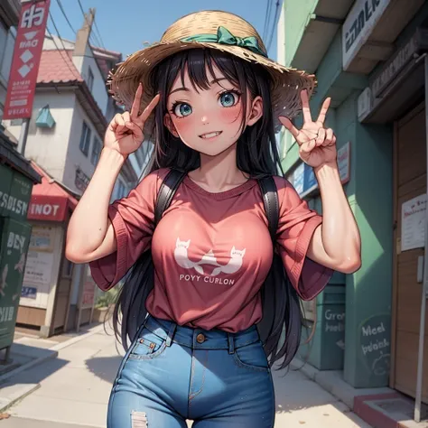 masterpiece, best quality, high resolution, dark dynamic lighting,
BREAK middle of street,
BREAK girl, smiling, green eyes, V sign,
BREAK red shirt, cat print on the shirt, long shirt,
BREAK blue jeans, fashionable,
BREAK cool hat, best hat in the world,