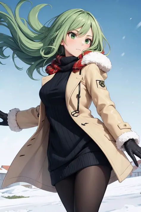 masterpiece, best quality, 1girl, green hair, wavy hair, green eyes, petite, toned, medium breasts, 
turtleneck sweater dress, duffle coat, scarf, gloves, black pantyhose, 
winter, fashion shoot, cool colors, wind, town, dynamic angle, dynamic pose, close-up