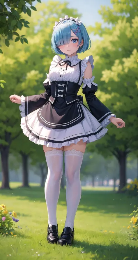 ((masterpiece,intricate details)),1girl,mature female,,
BREAK
rezerorem, <lora:remtest:1>, rem, blue eyes, blue hair, hair ornament, hair over one eye, hair ribbon, short hair, x hair ornament, BREAK apron, black ribbon, black skirt, black sleeves, detached collar, detached sleeves, flower, frilled apron, frilled skirt, frills, head wreath, long sleeves, maid, miniskirt, neck ribbon, purple ribbon, ribbon, ribbon trim, ribbon-trimmed sleeves, roswaal mansion maid uniform, short hair, skirt, thighhighs, waist apron, white apron, white thighhighs
BREAK
, A_field_filled_with_wildflowers,,((full body)),from below:1.1,depth of field,looking at viewer