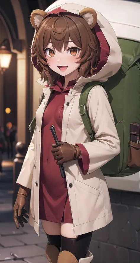 ((masterpiece,intricate details)),1girl,mature female,:d
BREAK
lilirucaarde, <lora:lilitest:1>, liliruca arde, animal ears, (brown eyes:1.7), brown hair, (small breasts:1.2), short hair, BREAK backpack, bag, black gloves, boots, gloves, hood, thighhighs
BREAK
, Teddy_bear_museum,,((upper body)),from below:1.1,depth of field,looking at viewer