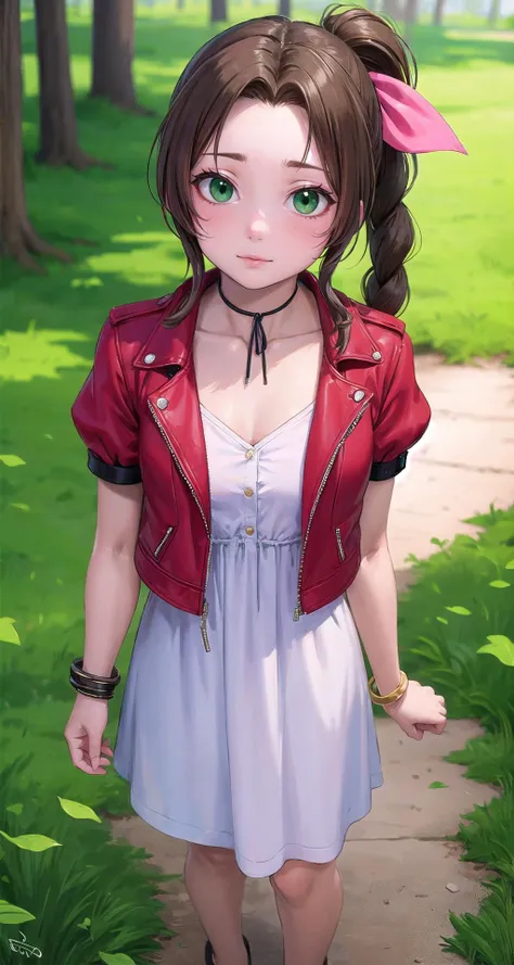 ((masterpiece,intricate details)),1girl,mature female
BREAK
aerithgainsborough, <lora:aerithgainsborough-lora-nochekaiser:1>, aerith gainsborough, braid, braided ponytail, (green eyes:1.5), hair ribbon, long hair, parted bangs, brown hair, sidelocks, (small breasts:1.2), BREAK bangle, bracelet, choker, cropped jacket, dress, jacket, jewelry, long dress, pink dress, pink ribbon, puffy short sleeves, puffy sleeves, red jacket, ribbon, short sleeves
BREAK
Forest: Trees, wildlife, hiking, fresh air, tranquility,((cowboy shot)),from above:1.1,depth of field,looking at viewer,